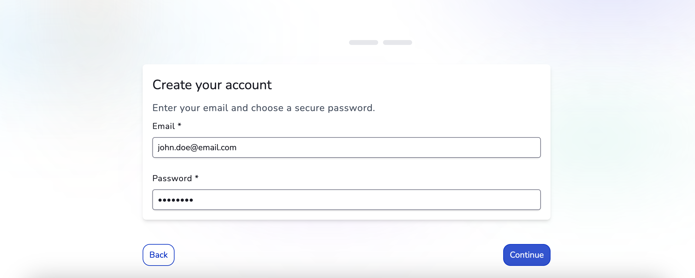 Sign-up form showing email address and password input fields